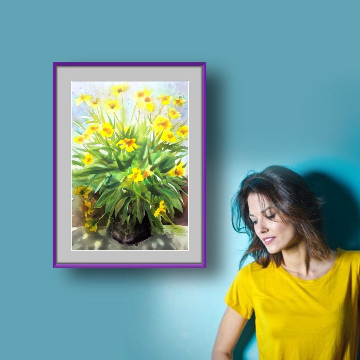 Yellow Daisies Watercolor Painting Expressive Floral Bouquet Botanical Art by Ion Sheremet