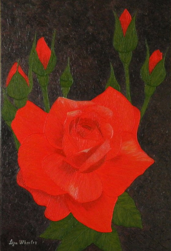 A Twinkle - large, modern red rose floral painting, gift idea, home, office decor