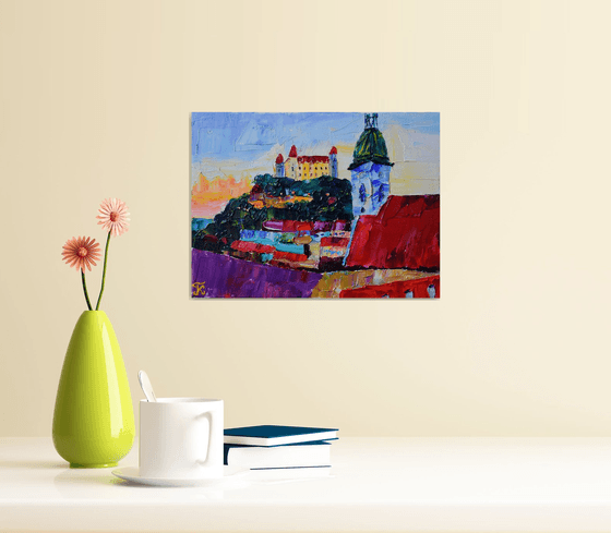 Sunset city Impasto OIL PAINTING on canvas Bratislava Castle in Slovakia, palette knife impressionistic art