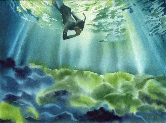 Diver diving into the sea. Original artwork.