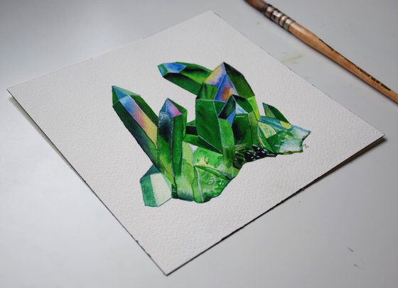 Crystal Painting, Green Quartz Art, Gemstone Watercolour Painting, Mineral Wall Art