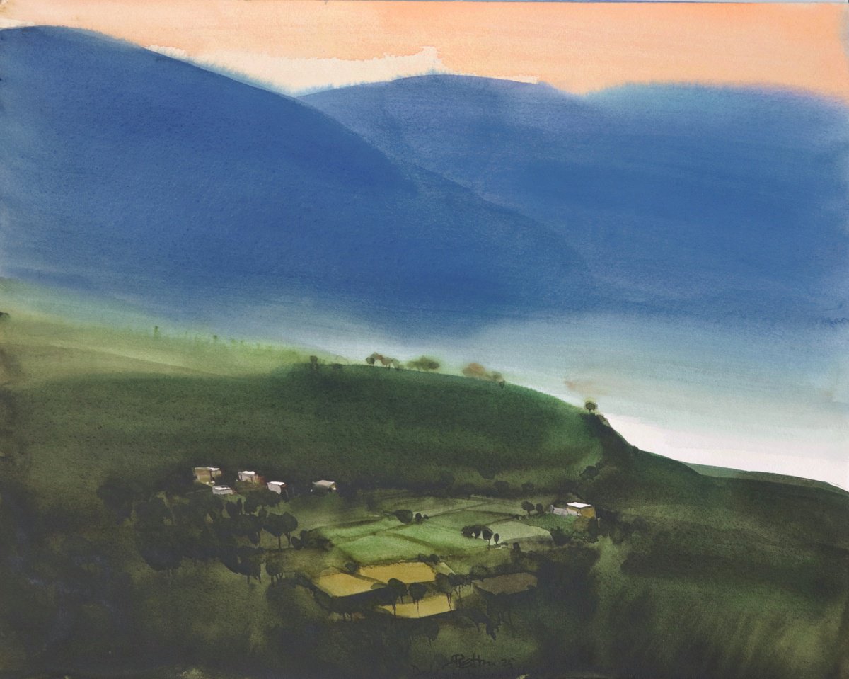 Impressionistic Landscape Watercolour By Prashant Prabhu, 20 X 16", Morning Light, Himachal Hamlet, Original Artwork