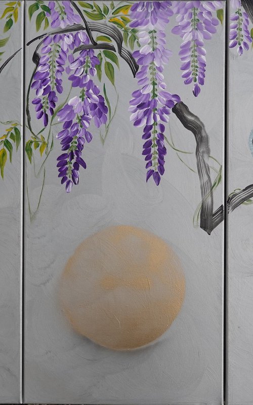 Japanese lilac wisteria and love birds J221 - large silver triptych, original art, japanese style paintings by artist Ksavera by Ksavera