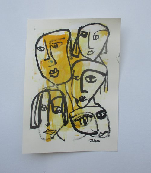 girls in yellow 8,2 x 11,4 inch unique mixedmedia drawing by Sonja Zeltner-Müller