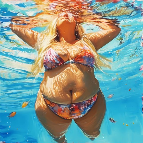 Blonde plus size curvy body positive plump fat sexy big appetizing woman in bikini under water in the sea, swimming pool, ocean. Original colorful marine style wall art for modern home decor. Art Gift