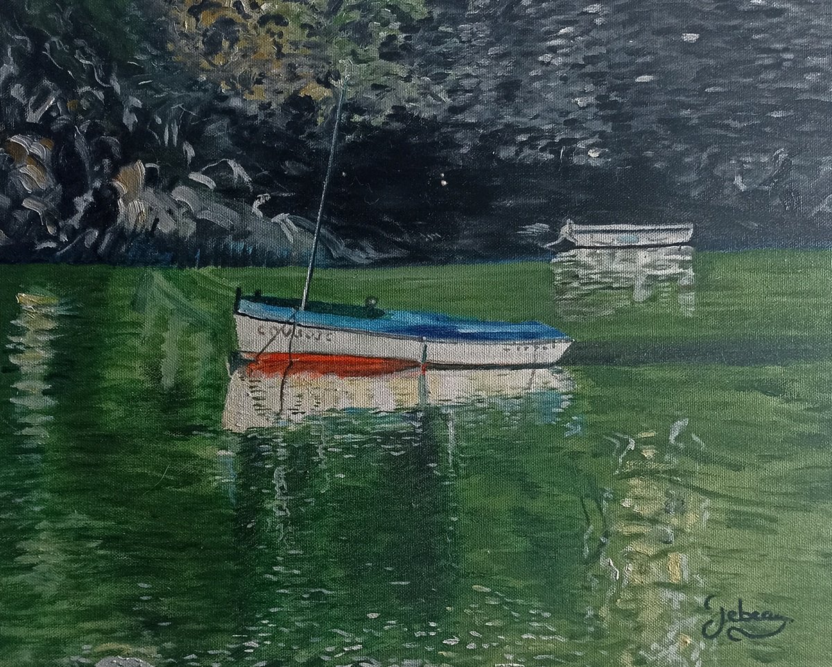 Impressionistic Landscape Oil Painting By Isabelle Lucas, 16 X 13, Boat On A Lake, Original Artwork