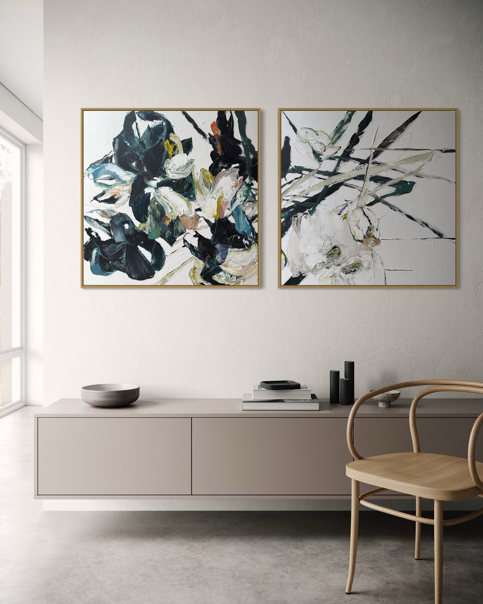 Impressionistic Botanical Acrylic Painting By Tetiana Hutsul, 71 X 35", Femme In Thorns. Diptych, Original Artwork