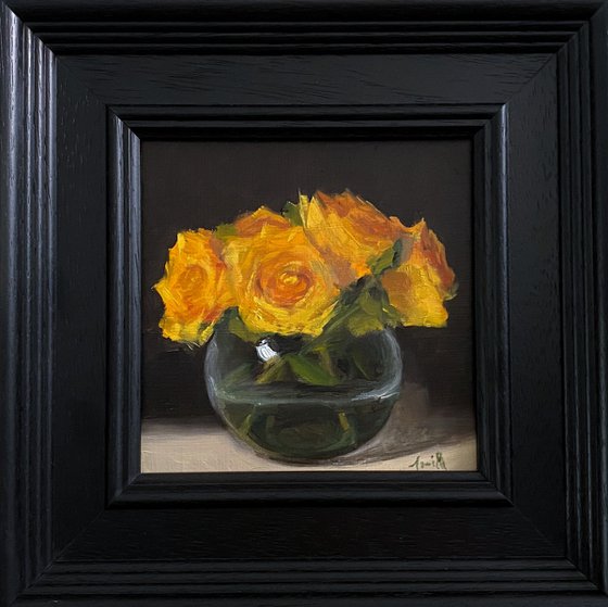 Yellow Roses Still Life original oil realism painting, with wooden frame.