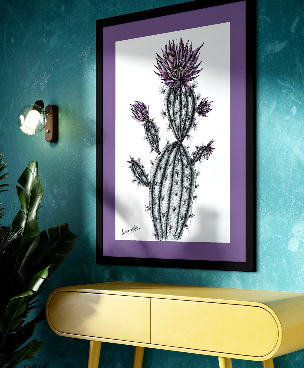 Graphic Botanical Ink Drawing By Maria Tuzhilkina, 11 X 17", Cactus With Pink Flowers, Original Artwork