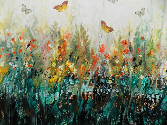 Garden extra large modern painting with flowers and butterflies