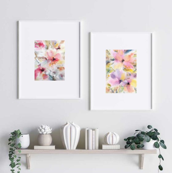 Flowers. Watercolor floral painting set of 2