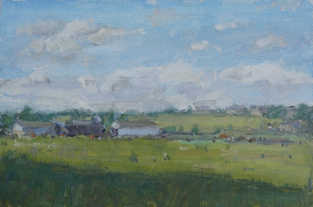 Impressionistic Landscape Oil Painting By Alex James Long, 12 X 8, Early Evening, Oxfordshire, Original Artwork