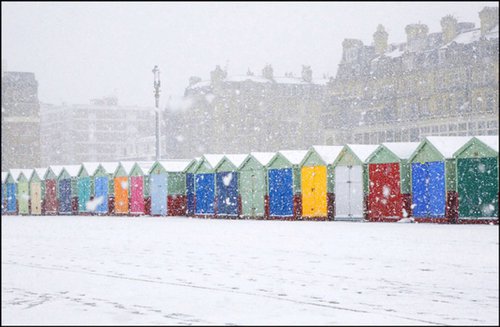 Beach Huts in the Snow with Lamp Post, Hove, Sussex by Tony Bowall FRPS