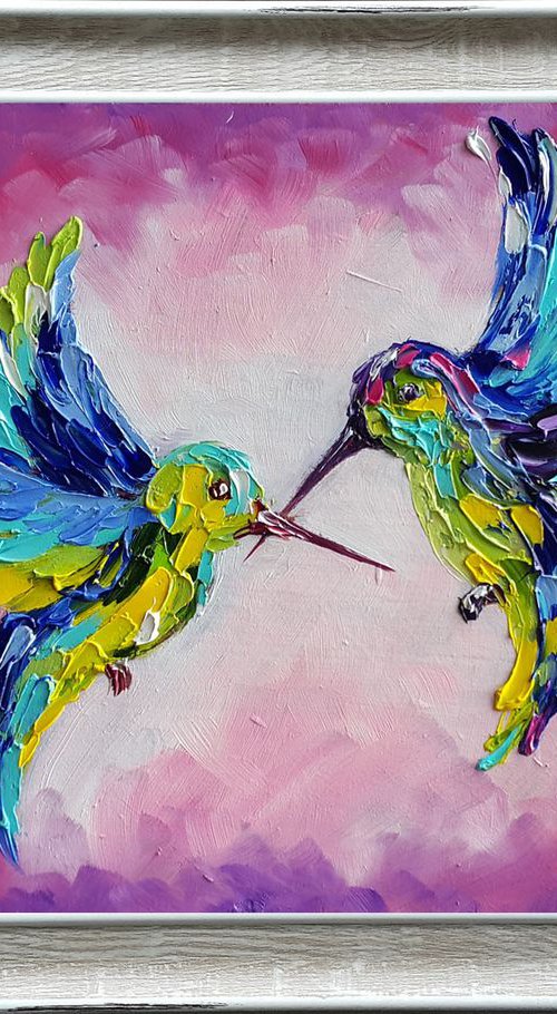 Pink dreams - birds oil painting, hummingbirds, birds, oil painting, love oil painting by Anastasia Kozorez