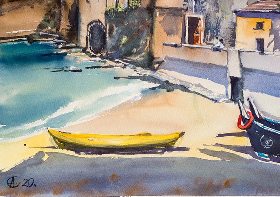 Vernazza. View of the tower and old town. Big format watercolor urban landscape Mediterranean italy sea bright architecture