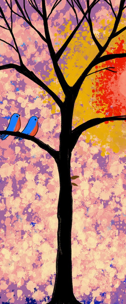 The Bluebirds , cute lovebird tree artwork, flower edition by Stuart Wright
