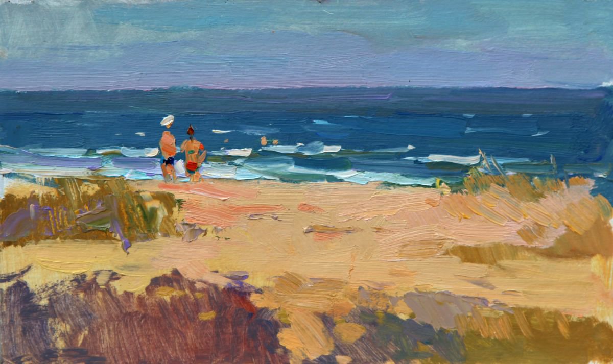 Impressionistic Landscape Oil Painting By Aleksandr Kryushyn, 12 X 7, Morning On The Beach, Original Artwork