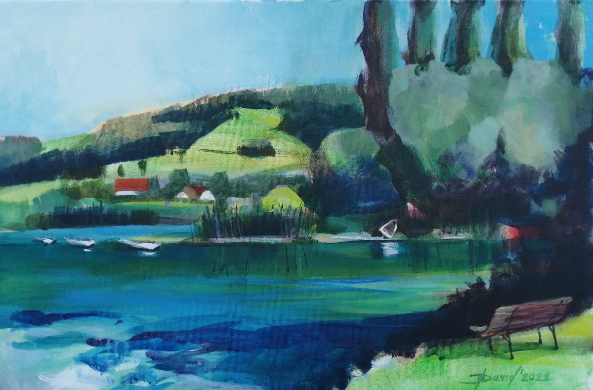 Expressive Landscape Acrylic Painting By Olga David, 24 X 16", Rhine In Thurgau Island Werd, Original Artwork