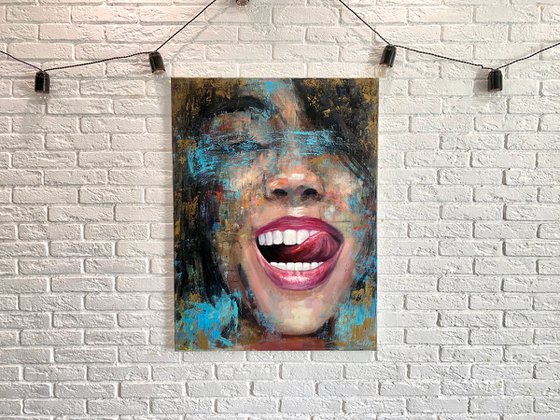 Abstract Woman Smile Oil Acrylic Portrait Painting Exclusive Original