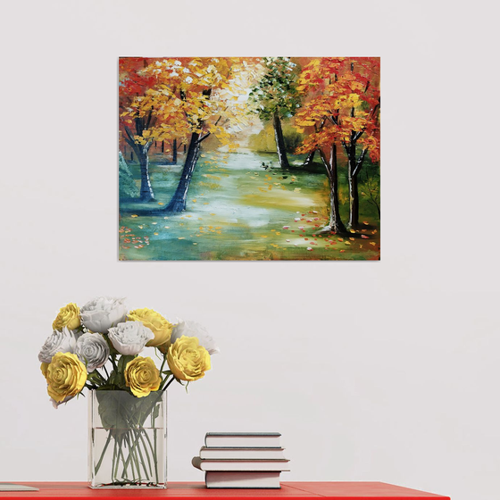 Autumn morning, original landscape with trees and leaves, gift