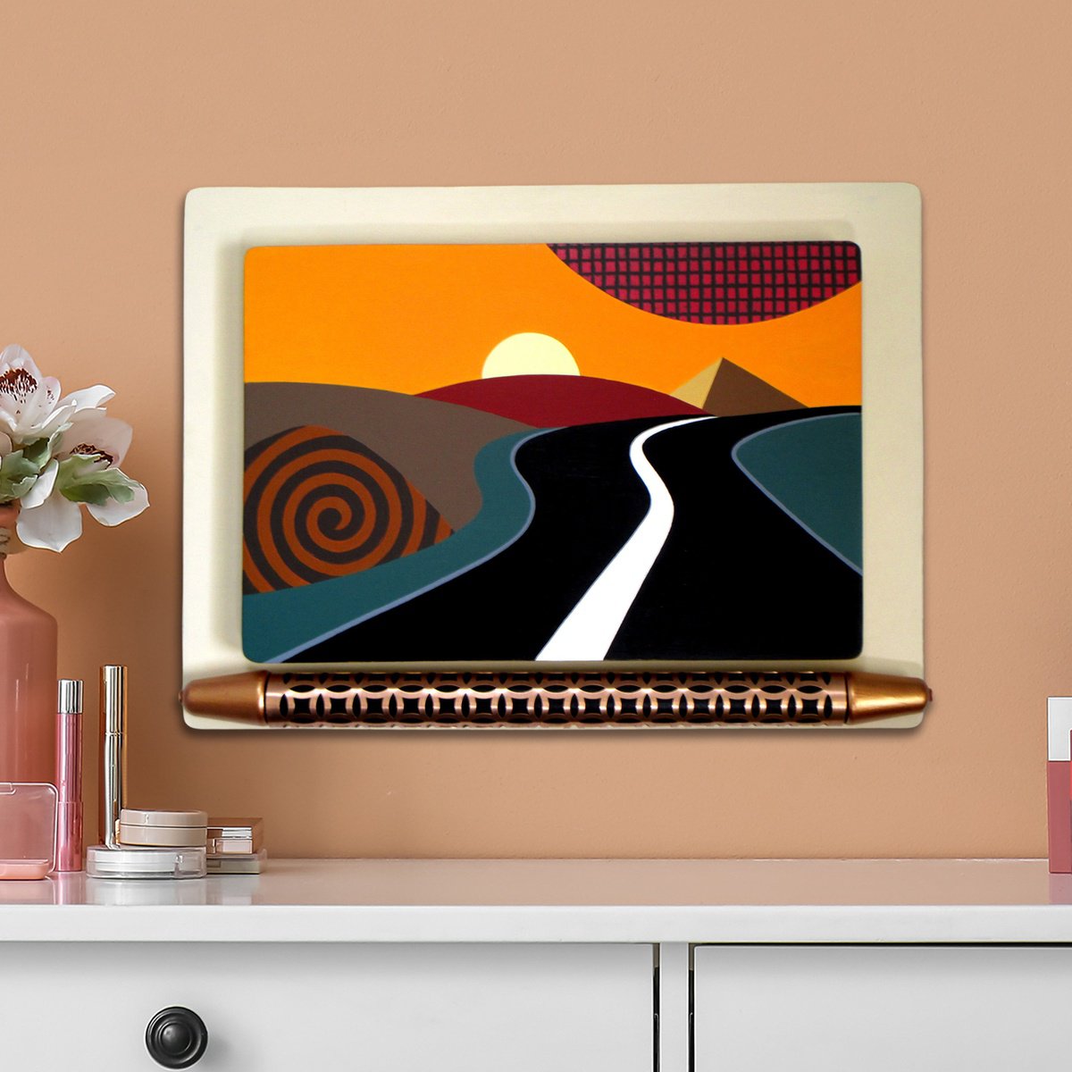 Geometric Landscape Painting By Lanre Adefioye, 16 X 12", Life Is A Highway, Original Artwork