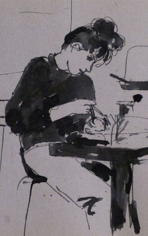 Eating with the chopsticks, double drawing 34x23 cm by Frederic Belaubre