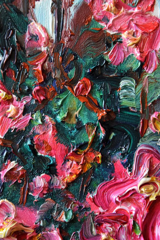 Abstract flowers impasto oil painting Spring blooming, palette knife floral home decor