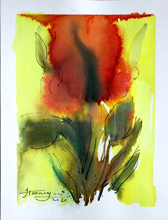 COLORFUL 17 (RED TULIP), WATERCOLOR ON PAPER, 10 X 13 CM -