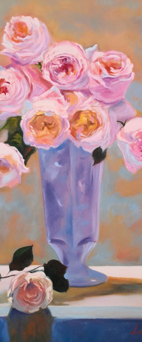 Pink roses in a vase still life by Jane Lantsman