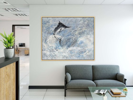 BLUE MARLIN JUMP. Large Abstract Fish Painting