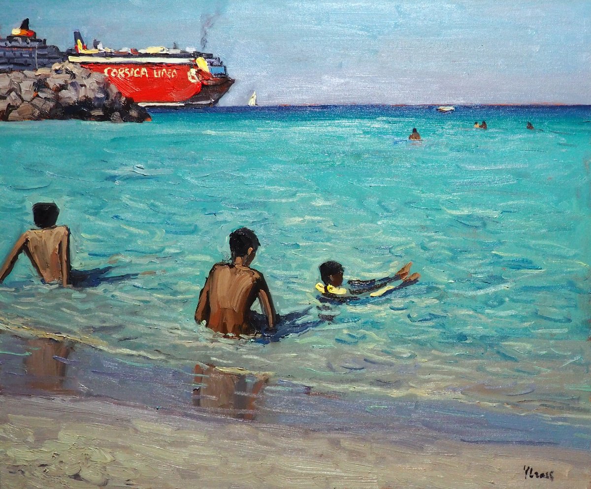 Impressionistic Landscape Oil Painting By Yuanyuan Liu, 26 X 21", The Boys And The Boat, Original Artwork
