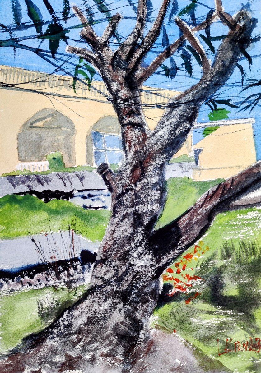 Impressionistic Landscape Watercolour By Leonid Kirnus, 10 X 14", The Ancient Tree, Original Artwork