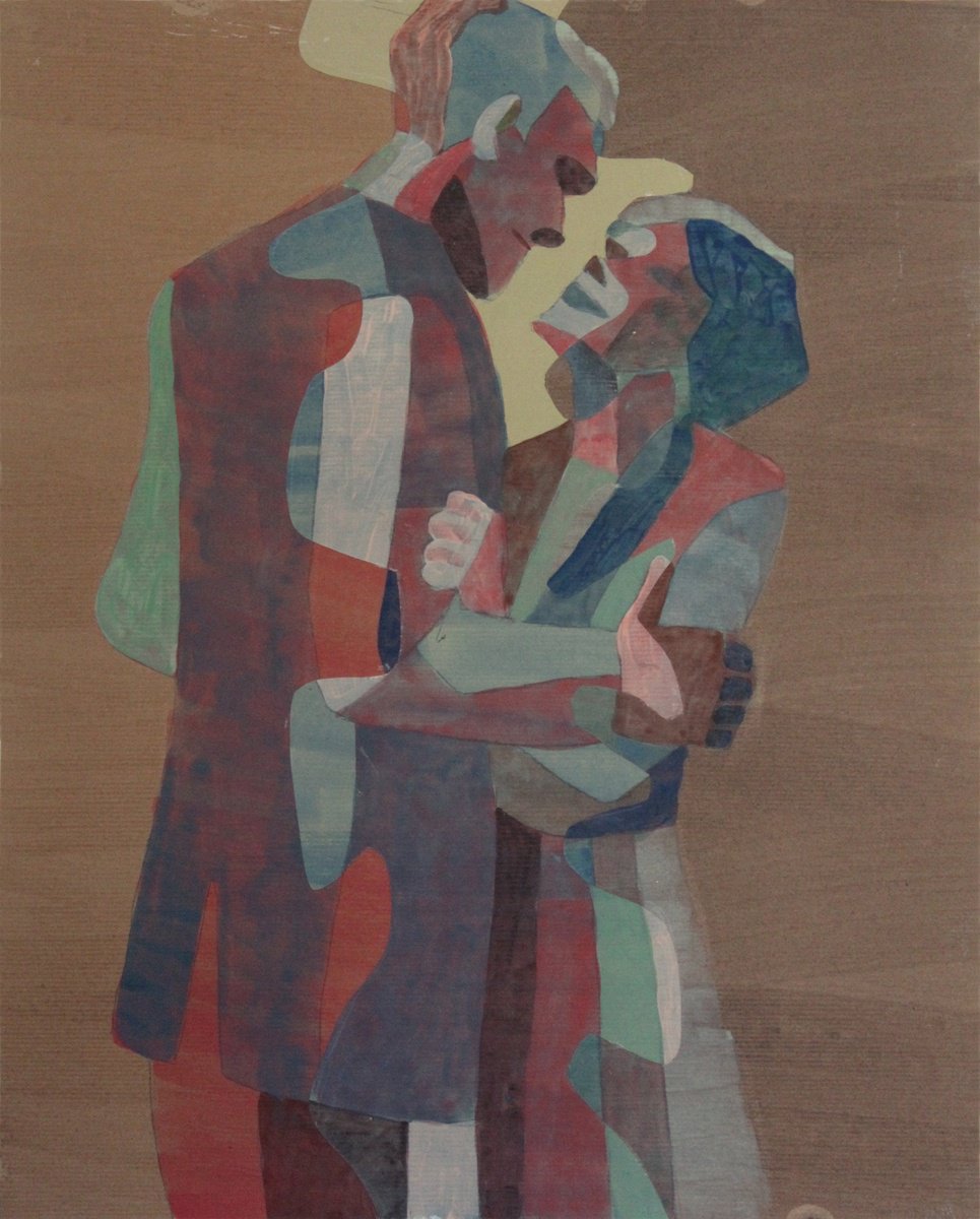 Expressive Portrait Acrylic Painting By Martin Singer, 18 X 23", Couple #15, Original Artwork