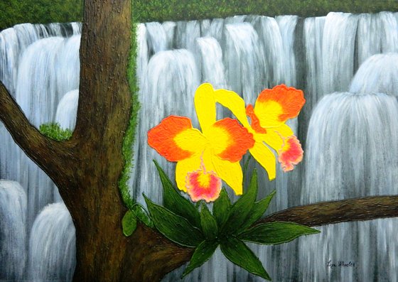 Voice In The Mist - yellow orchid floral painting; home, office decor; gift idea