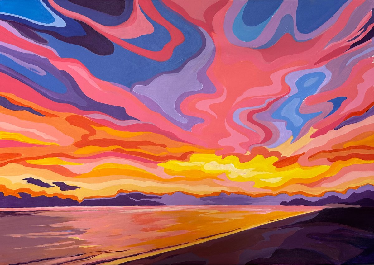 Expressive Landscape Acrylic Painting By Alexandra Dobreikin, 39 X 28, Warm Evening, Original Artwork