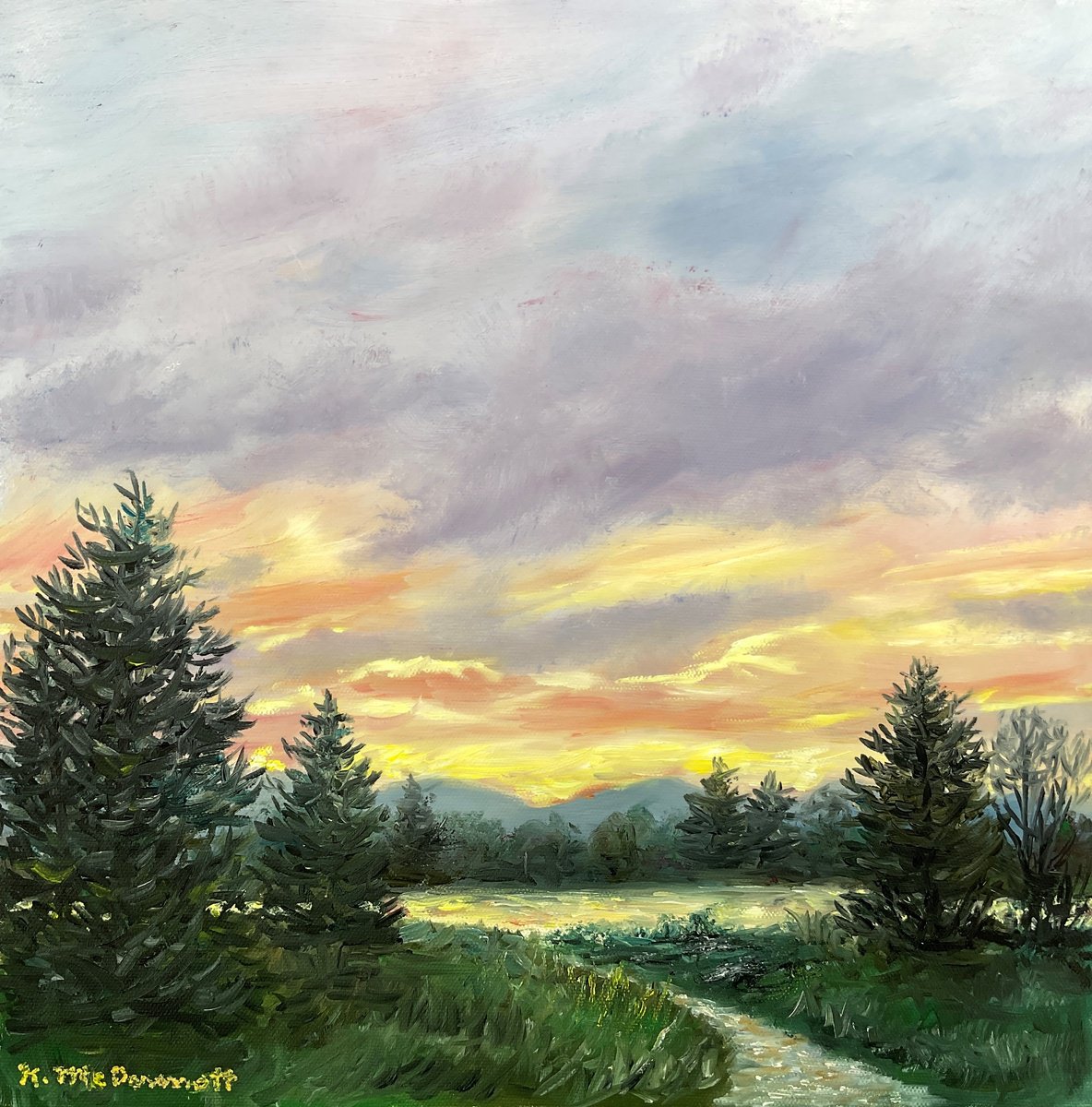 Photorealistic Landscape Oil Painting By Kathleen Mcdermott, 12 X 12", Nightfall At The River # 2, Original Artwork