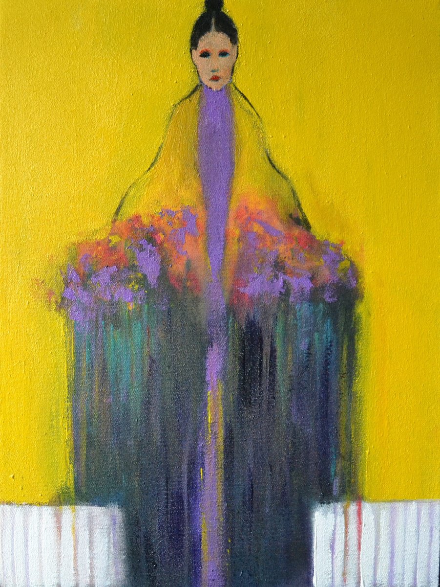 Abstract Portrait Acrylic Painting By Gela Mikava, 12 X 16, The Girl With Bouquet, Original Artwork