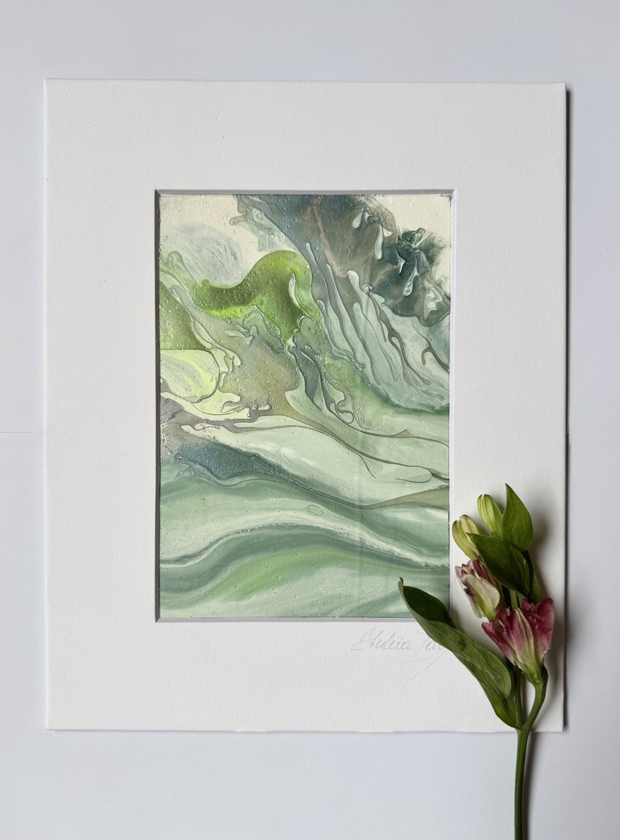 Abstract Acrylic Painting By Yuliia Poraiko, 5 X 7", Green Wave, Original Artwork