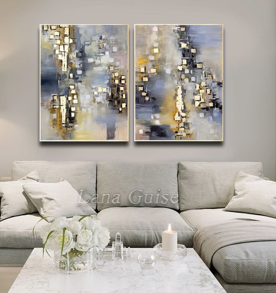 Neutral Elements - Abstract Painting Set of Two Paintings, Multi Panel Abstract, ORIGINAL Painting, Gold Leaf Painting, Black and Gold, Large Art