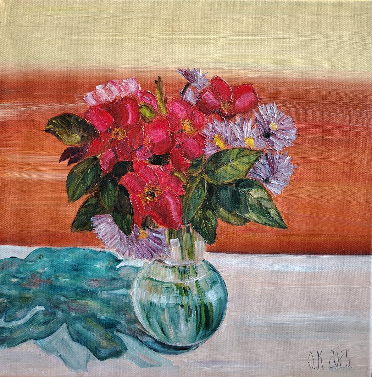 Photorealistic Botanical Oil Painting By Olga Knezevic, 16 X 16", Red Bouquet, Original Artwork