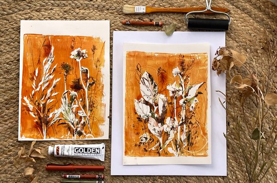 Abstract Botanical Mixed Media Diptych, Herbs and Flowers on Burnt Orange 2 Paintings Set