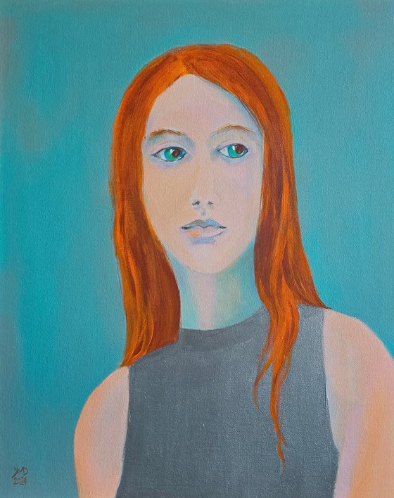 Red Hair Mona Lisa in a silver dress