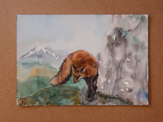 Fox original watercolor painting, fox painting, mountain landscape, animalistic wall art