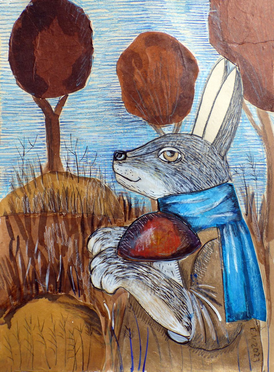 Surrealistic Animal Painting By Elizabeth Vlasova, 12 X 17, The Bunny Found A Mushroom, Original Artwork
