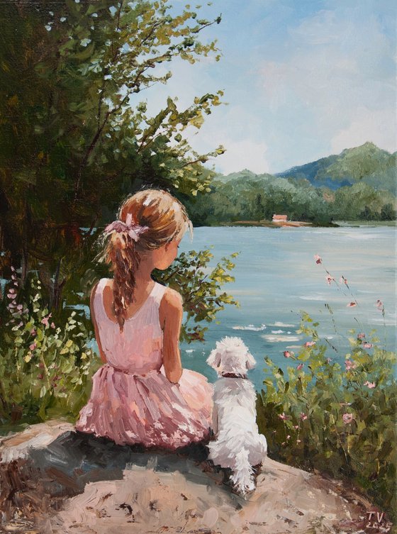 Girl and white dog