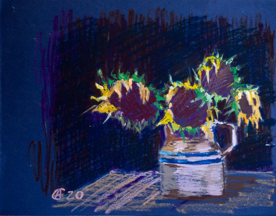 Dark still life with sunflowers. Oil pastel painting. Decor interior dark tones black blue flowers fall
