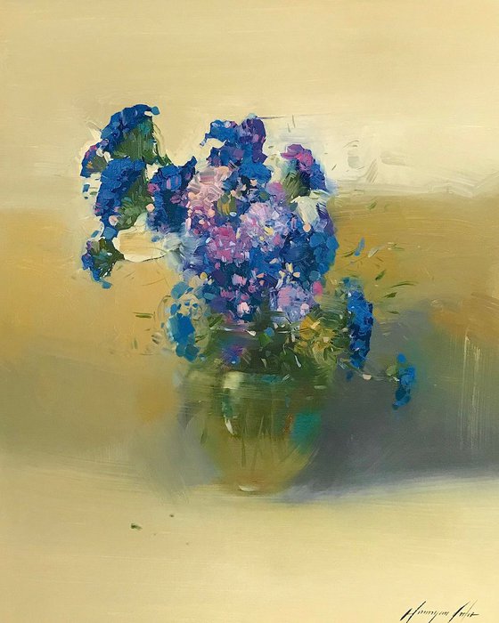 Blue Flowers, Oil painting, One of a kind, Handmade artwork