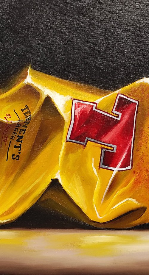 Crushed Tennents lager can still life by Jane Palmer Art