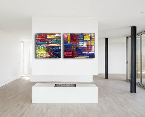 "Take It From Me" - FREE USA SHIPPING - Original Large PMS Abstract Diptych Oil Paintings On Canvas - 54" x 24"