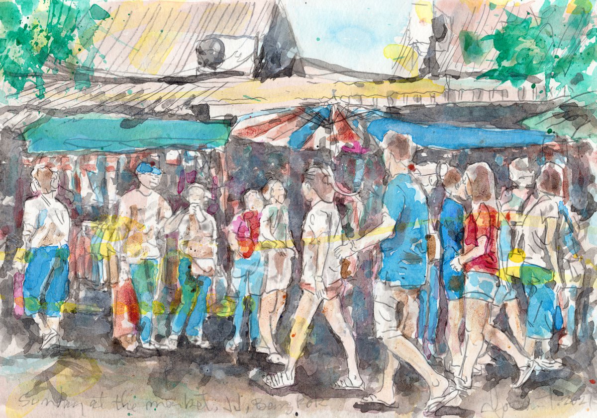 Expressive Portrait Acrylic Painting By Gordon T., 12 X 8, Sunday At The Market, Jj, Bangkok, Original Artwork